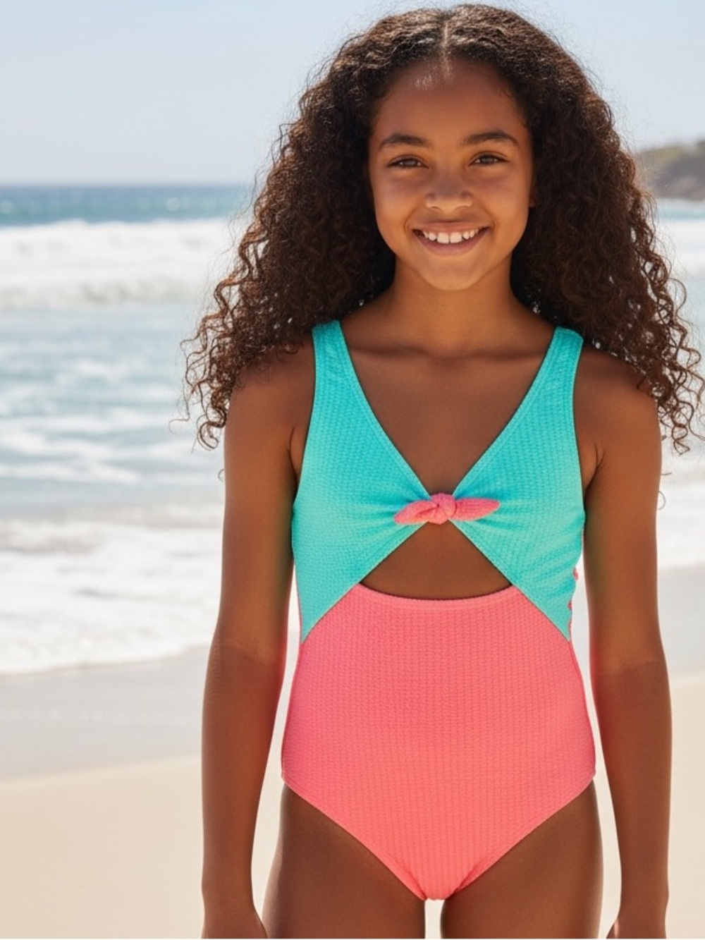 Jessica Simpson Girls Two-Tone Coral & Aqua One-Piece Swimsuit with Front Knot